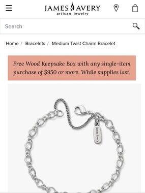 🆕 James Avery Sterling Silver Twist Charm Bracelet - medium Or large